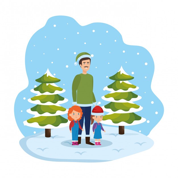 Vecteur père et enfants dans le paysage de neige