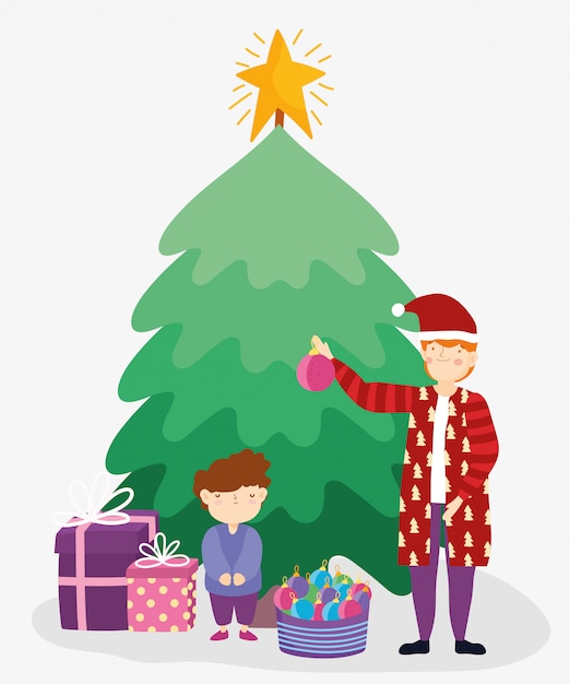 Père Et Fils Avec Des Cadeaux Et Arbre Joyeux Noël, Bonne Année