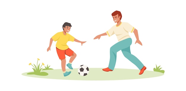 Père Et Fils Jouant Au Football Scènes De Famille Dessin Animé Personnes Activité Sportive Exercice Avec Ballon Et Entraînement Loisirs Passe-temps Et Passe-temps Vecteur Papa Et Enfant Passer Du Temps Ensemble