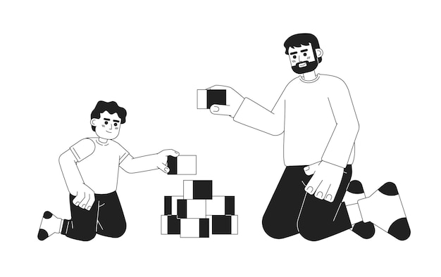Père et fils jouant à l'illustration vectorielle monochrome Tout-petit garçon construisant une pyramide avec papa 2D personnages de dessins animés plats bw pour la conception d'interface utilisateur Web Parent enfant isolé image de héros dessinée à la main modifiable