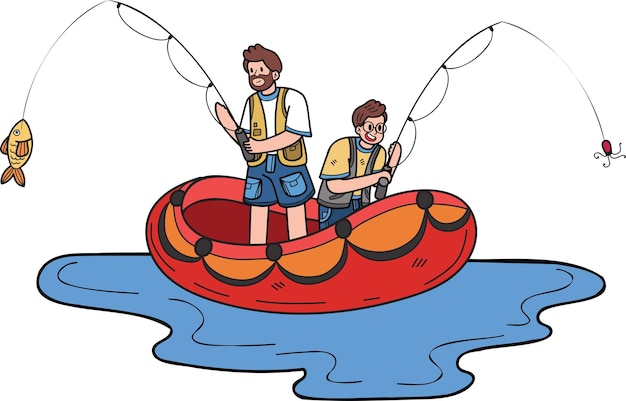 Père et fils pêchant sur une illustration de bateau dans un style doodle