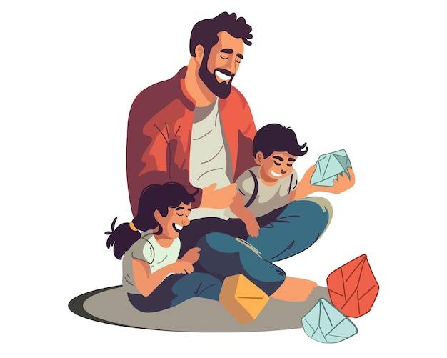 Vecteur un père heureux jouant avec son fils et sa fille le jour du père illustration vectorielle plate