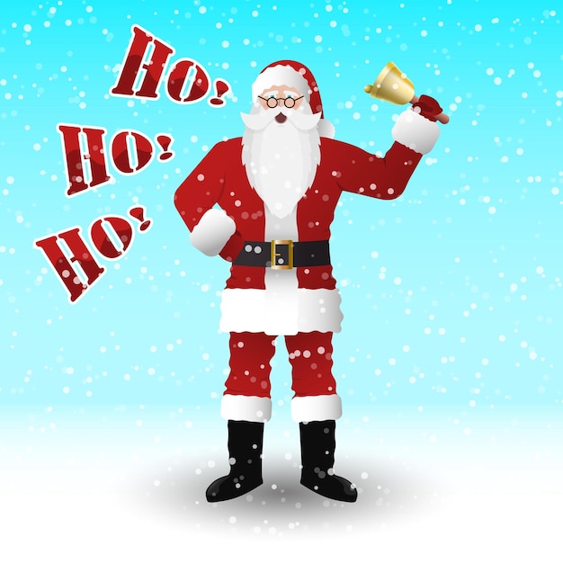 Père Noël En Costume Rouge Avec Une Cloche. Crie Ho Ho Ho. Image Vectorielle.