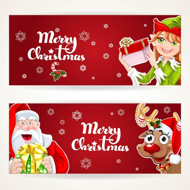 Père Noël et elfe avec cadeau sur deux blancs horizontaux de Noël