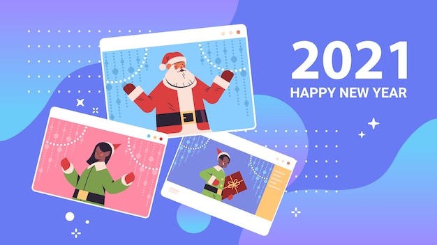 Père Noël Avec Les Elfes Dans Les Fenêtres Du Navigateur Web Bonne Année Joyeux Noël Vacances Célébration Concept Auto-isolement Communication En Ligne Portrait Illustration Vectorielle Horizontale