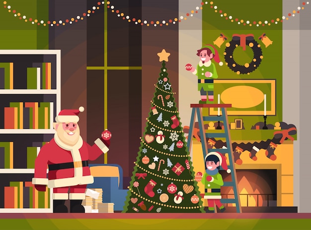 Père Noël Avec Elfes Sur Escalier Décorer Sapin Salon Intérieur Joyeux Noël Bonne Année Concept Plat Horizontal