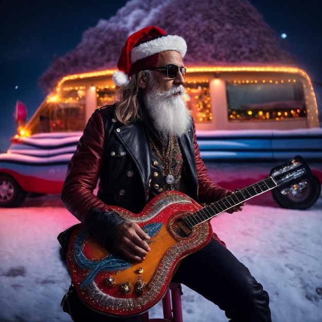 Le Père Noël Avec La Guitare De Noël Vecteur Premium