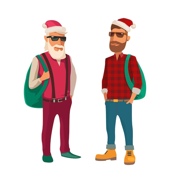 Père Noël Habillé Dans Un Style Hipster Tendance. Illustration Vectorielle Plane. Isolé Sur Fond Blanc. Pour Carte De Voeux, Affiche, écorcheur, Web, Bannière