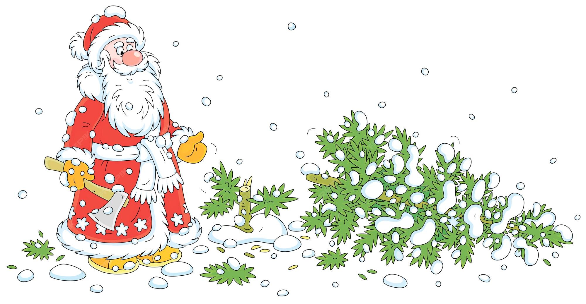 Père Noël Avec Une Hache Et Un Sapin Vert Abattu Sur Une Clairière De