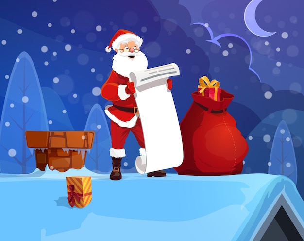 Père Noël avec liste de souhaits sur le toit sac de cadeaux de Noël
