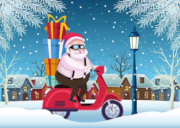 Père Noël Mignon Avec Des Cadeaux En Illustration De Scène De Moto