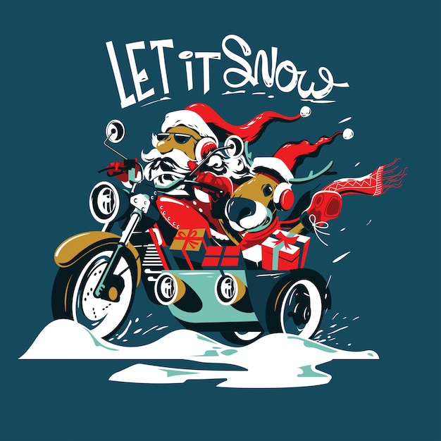 Père Noël à Moto Avec Un Side-car, Un Sac De Cadeaux Et Un Bois | Vecteur  Premium