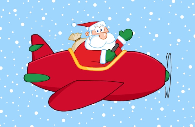 Père Noël Pilotant Son Avion De Noël Dans La Neige Et En Agitant.  Vecteur Premium