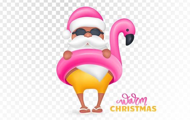 Père Noël Portant L'anneau De Nage Flamant Rose. Noël Tropical. Illustration Vectorielle