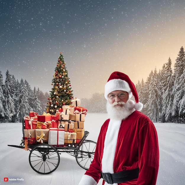 un Père Noël portant un chariot plein de cadeaux