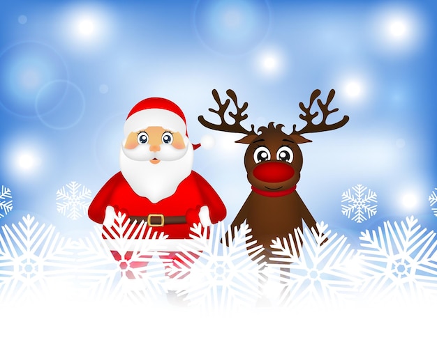 Père Noël et renne sur fond de Noël avec des flocons de neige et des reflets