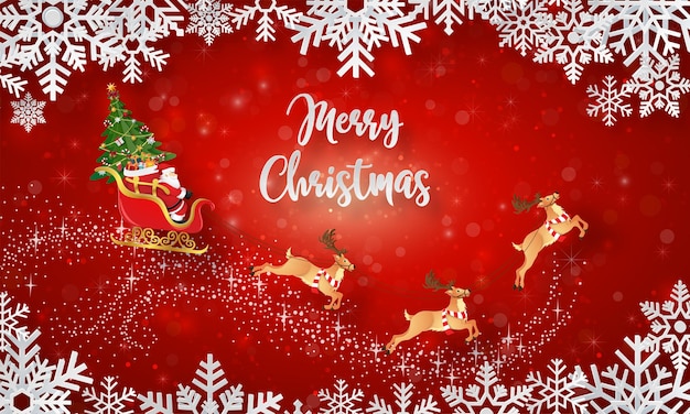 Père Noël sur un traîneau avec arbre de Noël sur la bannière de carte postale de Noël