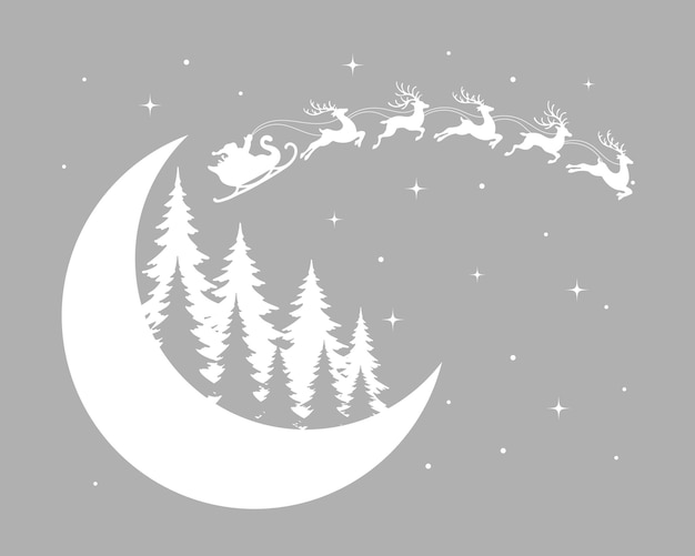 Vecteur le père noël sur un traîneau avec des rennes dans le ciel avec la lune et les sapins paysage hivernal