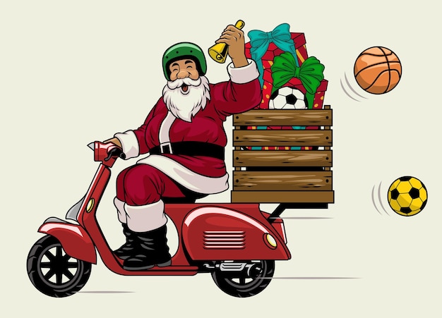 Père Noël Sur Un Vieux Scooter Classique Offrant Des Cadeaux De Noël