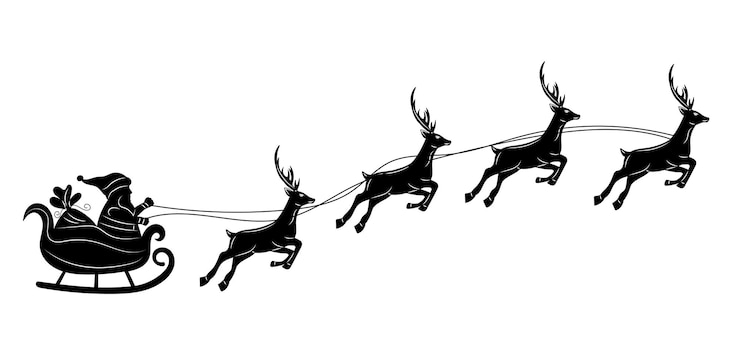 Vecteur père noël volant sur un traîneau avec un renne vecteur de silhouette noire