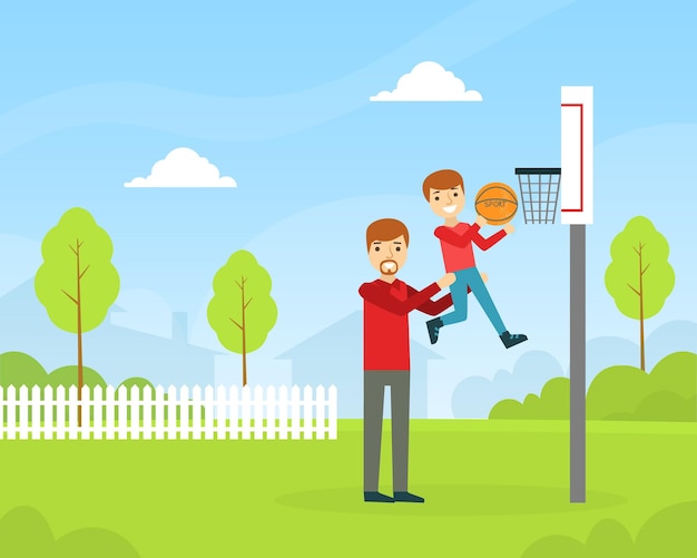 Un père et son fils jouent au basket-ball à l'extérieur Une famille heureuse passe du temps ensemble Illustration vectorielle de dessin animé
