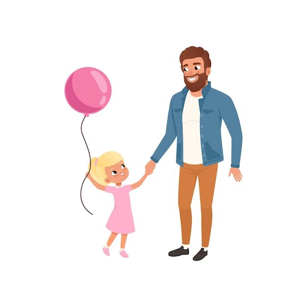 Père Souriant Et Sa Petite Fille Avec Ballon Rose Aimer Papa Et Enfant Passer Du Temps Ensemble Papa Et Son Enfant Célébrant Le Vecteur De La Fête Des Pères Illustration Sur Fond Blanc