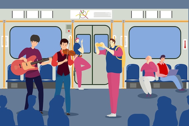 Performance Musicale Dans La Rame De Métro Pour Passager, Illustration Vectorielle, Musicien Professionnel