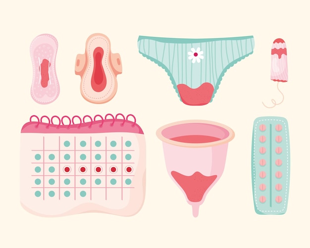 Vecteur période de menstruation sept icônes