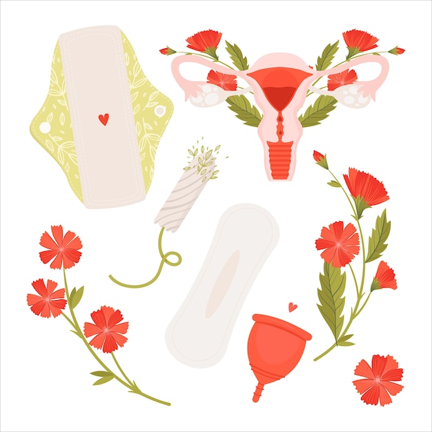 Vecteur période menstruelle zéro déchet. ensemble plat avec des produits écologiques - tampons menstruels réutilisables en coton.