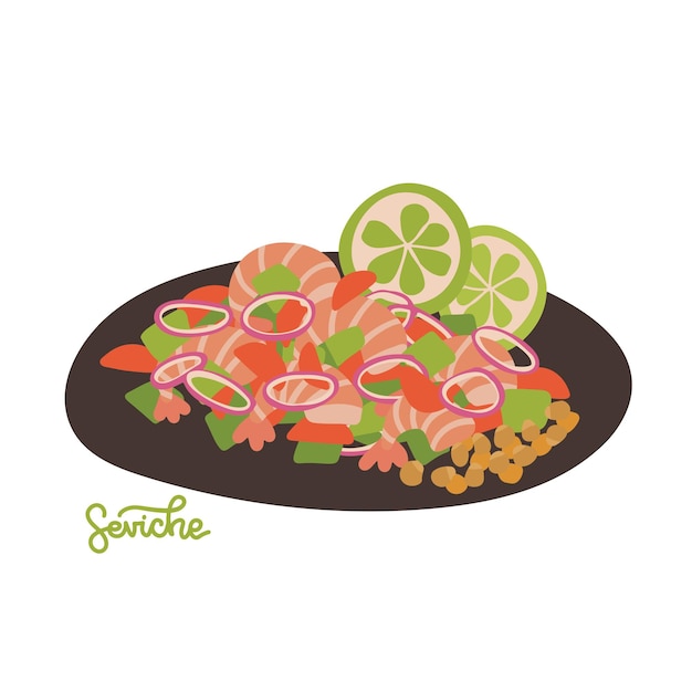 Pérou Ceviche Cuisine Latino-américaine Seviche Salade Fruits De Mer Avec Avocat Et Oignons Vecteur Main Plate D