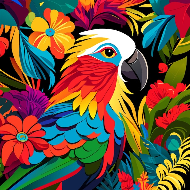 Vecteur un perroquet avec des fleurs colorées illustration vectorielle détaillée