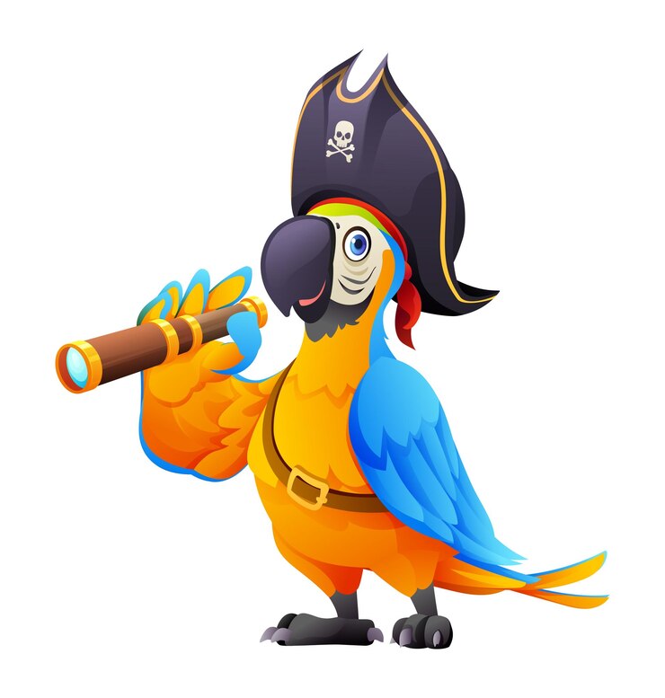 Vecteur perroquet pirate mignon avec illustration de dessin animé de spyglass isolé sur fond blanc
