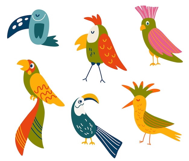 Vecteur perroquets mis en dessin animé mignon différents oiseaux tropicaux collection d'été lumineux illustration vectorielle