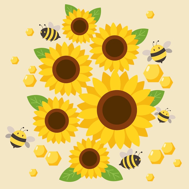 Le Personnage De L'abeille Mignonne Volant Autour Du Tournesol Sur Le Jaune