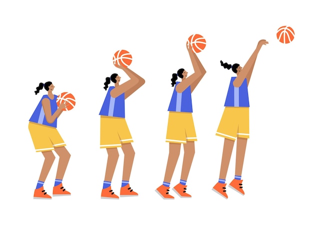 Personnage D'action De Dessin Animé Femme Adulte. Joueur De Basket-ball Avec Illustration Vectorielle Plane Ballon Isolé