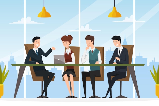 Personnage d'affaires assis à table travaillant dans une illustration vectorielle d'équipe