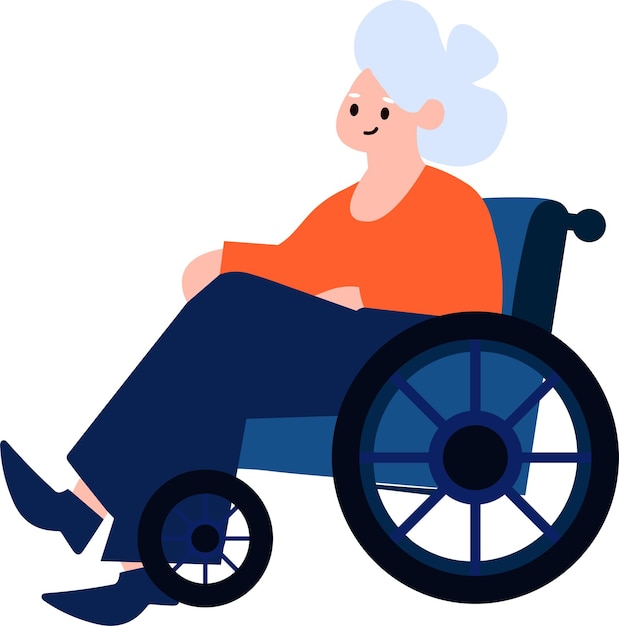Personnage âgé dessiné à la main assis dans un fauteuil roulant dans un style plat isolé sur fond