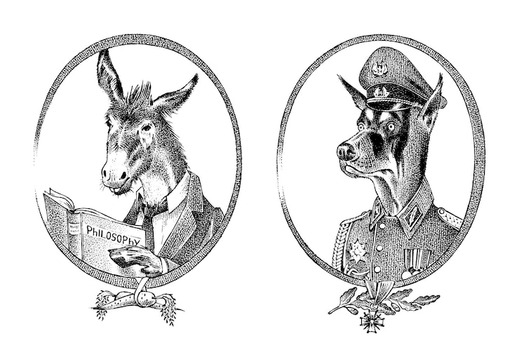 Vecteur personnage animal âne philosophe ou chèvre et chien militaire ou dobermann portrait dessiné à la main vieux croquis monochrome gravé pour étiquette de carte ou tatouage anthropomorphisme de créature dans le style hipster