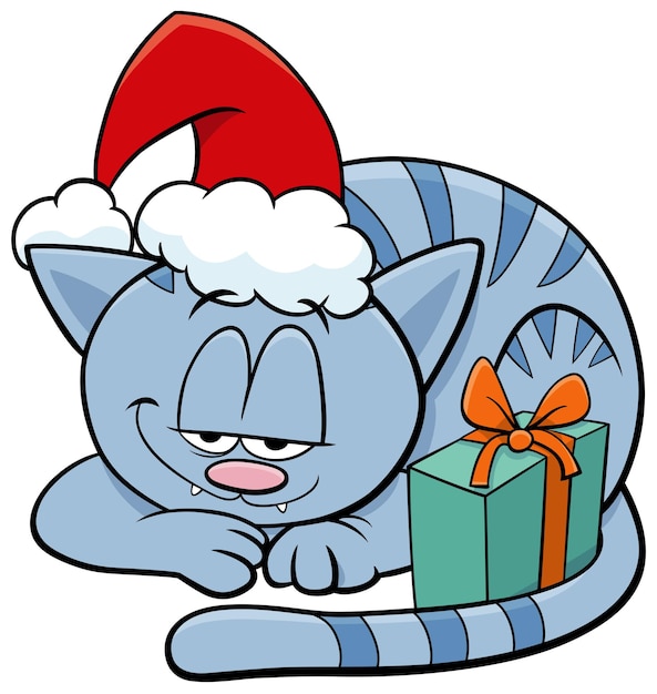 Personnage Animal De Chat De Dessin Animé Avec Cadeau Le Temps De Noël