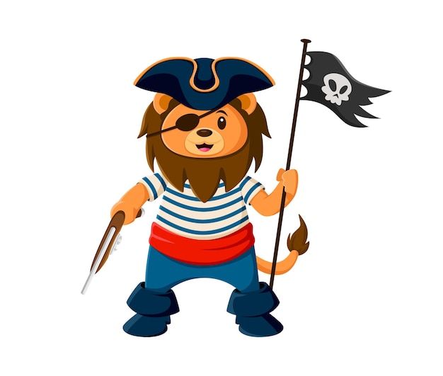 Vecteur personnage animal de dessin animé lion pirate avec drapeau
