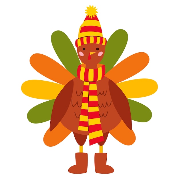 Personnage Animal Turquie Thanksgiving Bird Dans Un Chapeau Rayé Avec Un Pompon, Une écharpe Et Des Bottes Ugg