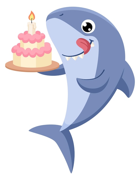 Personnage D'anniversaire De Fête De Requin Avec Gâteau Mascotte De Vacances Isolé Sur Fond Blanc