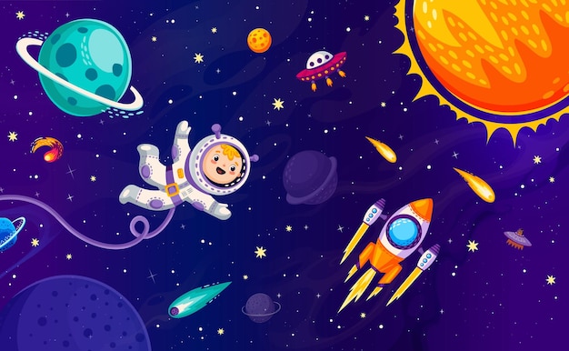 Vecteur un personnage d'astronaute de dessin animé dans l'espace