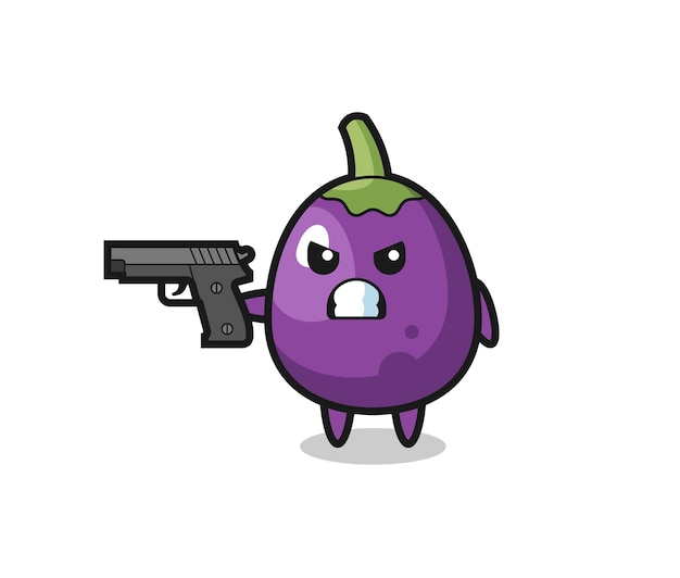 Le Personnage D'aubergine Mignon Tire Avec Un Pistolet