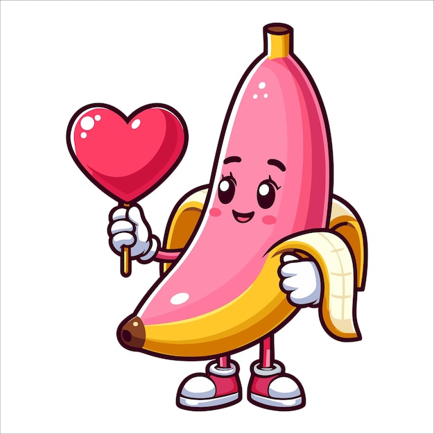 Vecteur personnage de bande dessinée pink banana tenant une illustration vectorielle de cœur rouge sur fond blanc