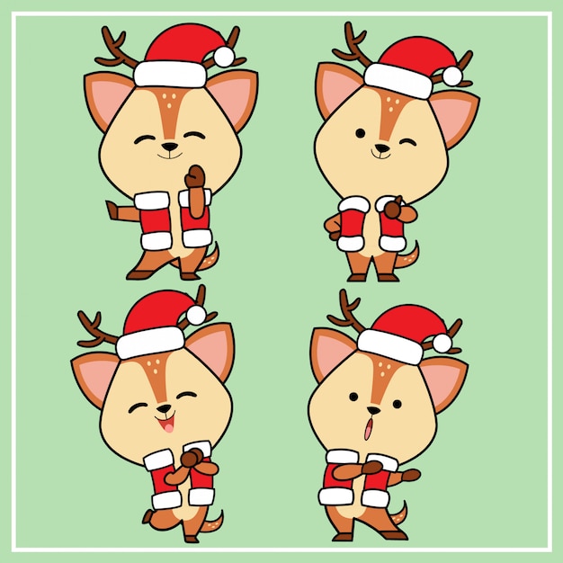 Personnage De Cerf Mignon Dessiné à La Main De Kawaii Avec Une Collection De Chapeaux De Noël