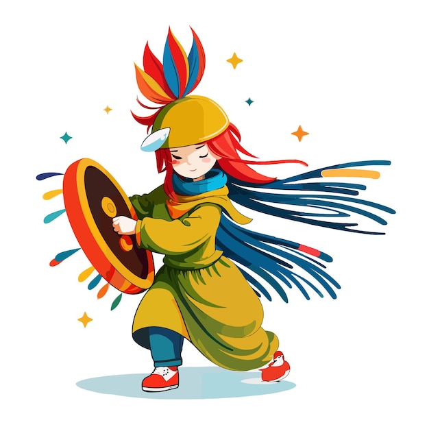 Personnage De Chaman En Vêtements Nationaux Avec Un Tambourin Et Des Amulettes Dansant Un Lanceur De Danse Magique Et Magicien Chukchi Indian Rituel Authentique Vector Illustration