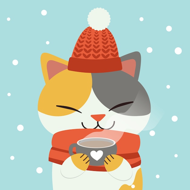 Vecteur le personnage de chat mignon buvant un chocolat chaud d'une tasse avec une neige blanche.