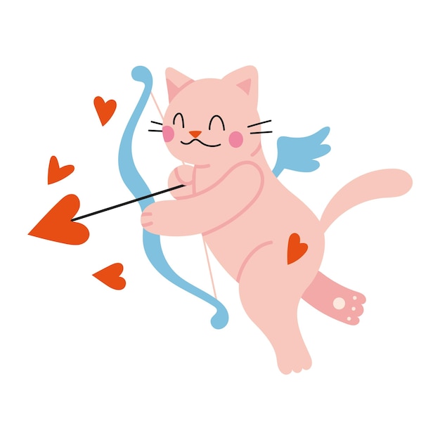 Vecteur personnage de chat mignon cupidon avec un style de dessin animé arc et ailes concept de saint valentin illustration vectorielle moderne à la mode isolée sur fond blanc dessiné à la main à plat