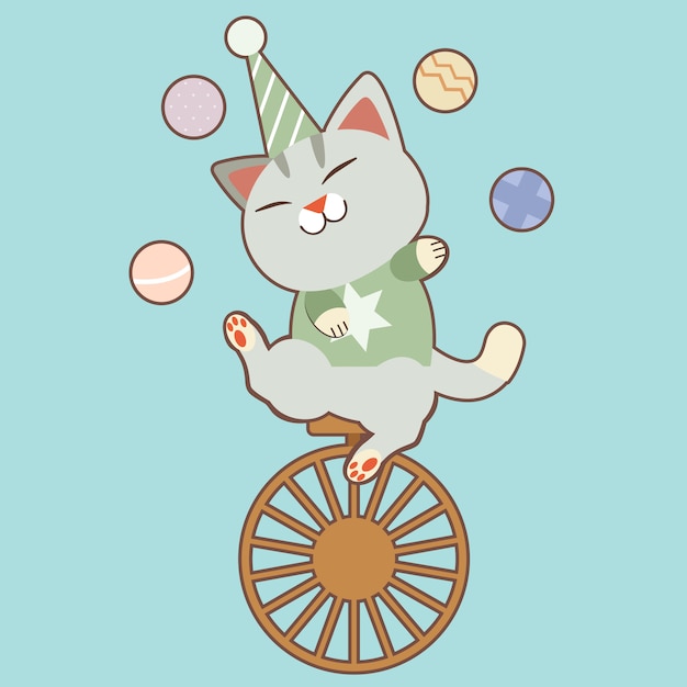 Personnage De Chat Mignon Jouant Des Boules Et Assis Sur Un Vélo De Roue.